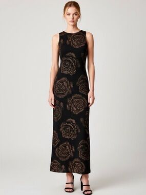 Y2K METALLIC GLITTER Rose Bodycon Tank Dress / S / Black and Gold